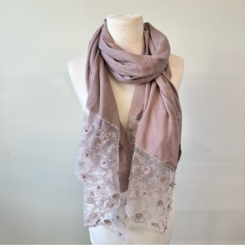 Turkish Pashmina Beaded Glitter Lace Trim Scarf in Mauve